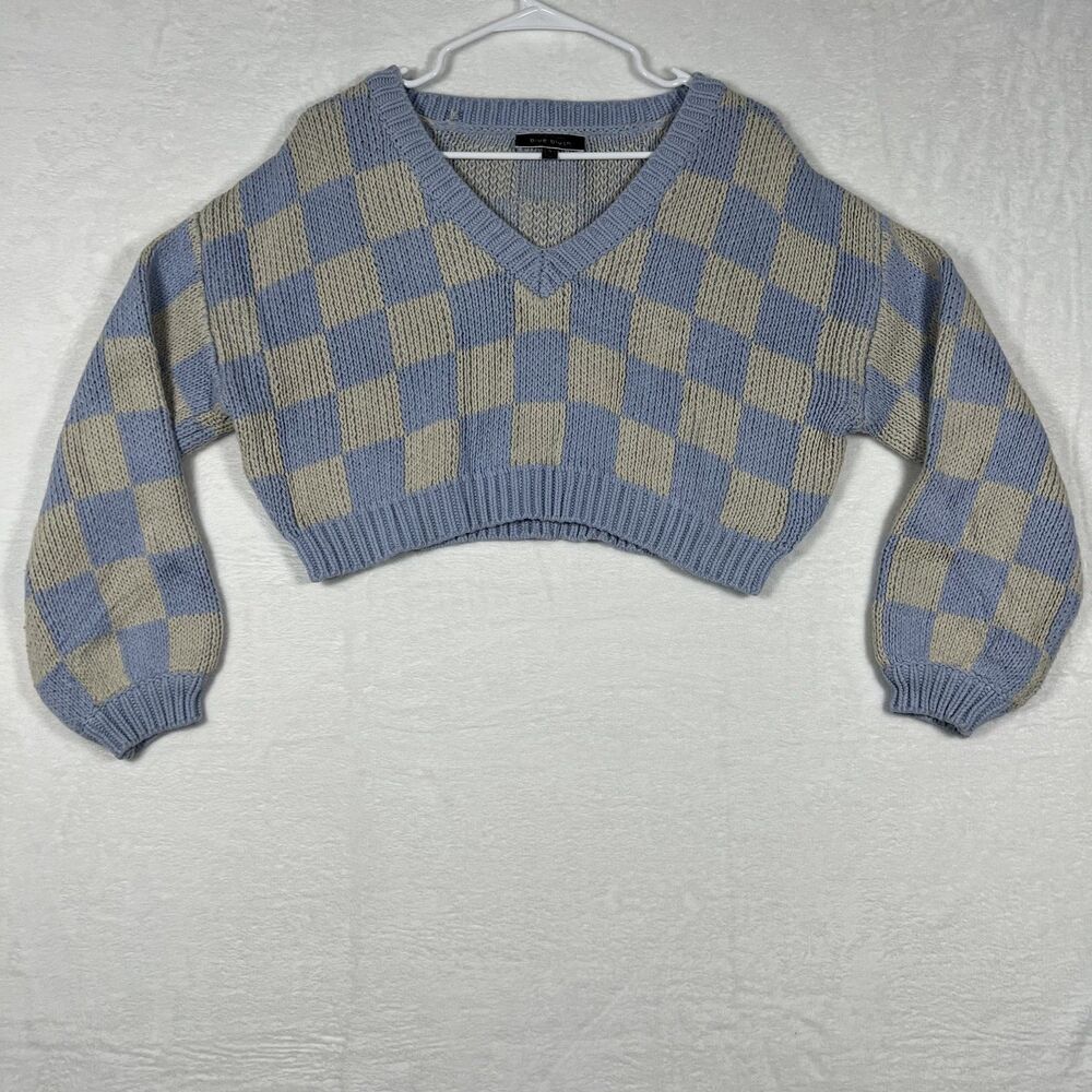 Blue Blush Womens Small Blue Tan Checkered Cropped V-Neck Sweater Balloon Sleeve